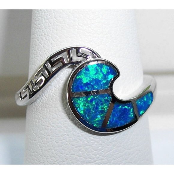 925 STERLING SILVER Lab Created Blue Fire Opal Greek Key & Wave Ring - Picture 11 of 16